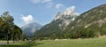 Panorama with Rombon and Jerebica mountains from from Log pod Mangartom in Triglav national park in Julian Alps in Slovenia
