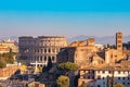 Panorama Rome Italy, sunset city Colosseum ruins Roman Forum from square of Venice Royalty Free Stock Photo