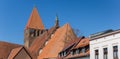 Panorama of rooftops and church tower in old town Grimmen