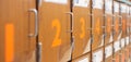 Panorama row of wooden cabinet with number and picture name tag at pre kindergarten school in Dallas, Texas, two tier lockers with Royalty Free Stock Photo