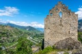 Panorama of the ruins of Tourbillon castle and aerial view of Valais canton with Rhone river and mountains Sion Switzerland