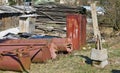 Panorama of a rural garbage dump - iron, boards, concrete blocks Royalty Free Stock Photo