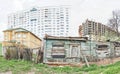 Panorama of a Russian street with different kinds of buildings