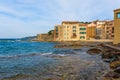 Panorama of Saint Tropez, Cote d\'Azur, France, South Europe. Nice city and luxury resort of French riviera. Famous tourist Royalty Free Stock Photo