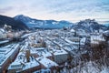 Panorama Salzburg during sunset with view on fortress in winter, Austria Royalty Free Stock Photo