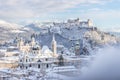 Panorama of Salzburg in winter: Snowy historical center, sunshine