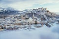 Panorama of Salzburg in winter: Snowy historical center, sunshine