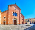 Panorama of San Pietro Martire square with facade of same named church and monument to Mose Bianchi, Monza, Italy