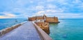 Panorama of San Sebastian Castle on Island in Atlantic Ocean, Cadiz, Spain