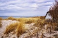 Panorama of the sand dune with house and view of the Baltic Sea. Ahrenshoop