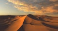 Panorama of sand dunes Sahara Desert at sunset. Endless dunes of yellow sand. Desert landscape Waves sand nature Royalty Free Stock Photo