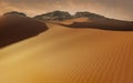 Panorama of sand dunes Sahara Desert at sunset. Endless dunes of yellow sand. Desert landscape Waves sand nature Royalty Free Stock Photo