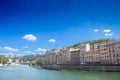 Panorama of Saone river and the Quais de Saone riverbank and riverside in the city center of Lyon, next to the Colline de