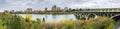 Panorama of Saskatoon, Canada skyline over river Royalty Free Stock Photo