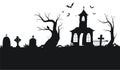 Panorama with scary silhouettes of trees, graves and abandoned buildings. Halloween background. Vector illustration