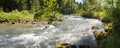 Panorama scene of river Ammer with mountains Royalty Free Stock Photo