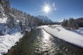 Panorama scene in winter at river Isar in Bavaria, Germany Royalty Free Stock Photo