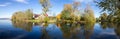 Panorama scenic coast at the confluence of the Trubezh river into lake Pleshcheyevo. Autumn. Pereslavl-Zalessky. Russia. Royalty Free Stock Photo