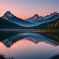 Panorama scenic of mountain lake with perfect reflection at sunrise. beautiful mountain range landscape with Royalty Free Stock Photo