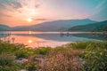 Panorama scenic of mountain lake with perfect reflection at sunrise Royalty Free Stock Photo