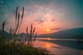 Panorama scenic of mountain lake with perfect reflection at sunrise Royalty Free Stock Photo