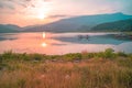 Panorama scenic of mountain lake with perfect reflection at sunrise Royalty Free Stock Photo