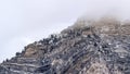 Panorama Scenic Provo Canyon mountainscape with frozen water on steep slopes in winter