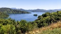 Panorama of Scenic Queen Charlotte sound and bay from a hill top Royalty Free Stock Photo