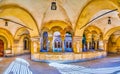 Panorama of the scenic Romanesque cloister of Jak Chapel on Vajdahunyad Castle complex in Budapest, Hungary