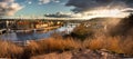 Panorama on scenic view of bridges on the Vltava river and historical center of Prague, buildings and landmarks of old town, durin