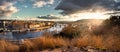 Panorama on scenic view of bridges on the Vltava river and historical center of Prague, buildings and landmarks of old town, durin Royalty Free Stock Photo