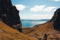 Panorama of sea behind the rocks in the Old Man of Storr area, Skye, Scotland