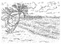 Panorama sea with palm tree, beach, hammock, umbrella, clouds. Vintage black engraving Royalty Free Stock Photo