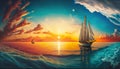 Panorama Of Sea And Sailboat With Sunset Vanilla Sky And Colorful Clouds In Wide Angle