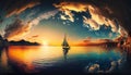 Panorama Of Sea And Sailboat With Sunset Vanilla Sky And Colorful Clouds In Wide Angle