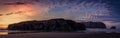 Panorama of sea stacks at sunset on Oregon Coast in Bandon. Royalty Free Stock Photo