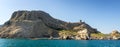 Panorama view from the sea to the Genoese fortress, Sudak, Crimea Royalty Free Stock Photo