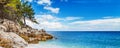 Panorama of seascape with greek Saliara aka Marble Beach, Thassos Island, Greece Royalty Free Stock Photo