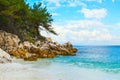 Panorama of seascape with greek Saliara aka Marble Beach, Thassos Island, Greece Royalty Free Stock Photo