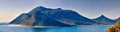 Panorama seascape, landscape, scenic view of mountains in Hout Bay in Cape Town, South Africa. Blue ocean and sea with Royalty Free Stock Photo