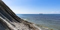 Panorama of the seascape. Picturesque stone wild beach at the foot of the cliffs Royalty Free Stock Photo