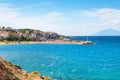 Panorama of seascape, town and coast, Thassos Island, Greece