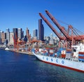 Panorama - Seattle waterfront skyline,with ferry and dockyard