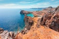 Panorama of the secret beach in Lindos city from the Acropolis, Rhodes island, Greece Royalty Free Stock Photo