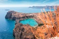 Panorama of the secret beach in Lindos city from the Acropolis, Rhodes island, Greece Royalty Free Stock Photo