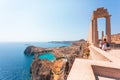 Panorama of the secret beach in Lindos city from the Acropolis, Rhodes island, Greece Royalty Free Stock Photo