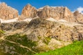 Panorama of Sella mountain range from Sella pass, Dolomites, Italy