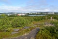 Panorama of the Semenovsky lake and inhabited residential district of the city of Murmansk