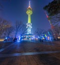 Panorama Seoul city at Night and Namsan Tower or N Seoul Tower stands tall on the top of Namsan Mountain, South Korea Royalty Free Stock Photo