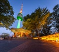 Panorama Seoul city at Night and Namsan Tower or N Seoul Tower stands tall on the top of Namsan Mountain, South Korea Royalty Free Stock Photo